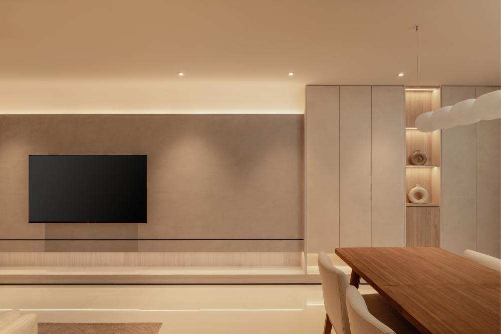 Minimalist Living Room with Homogeneous Tiles and TV Console