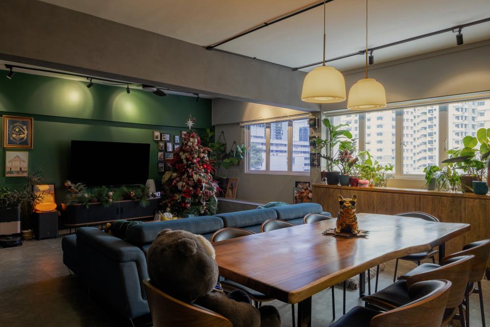 Industrial Living Room with TV Console and Flooring