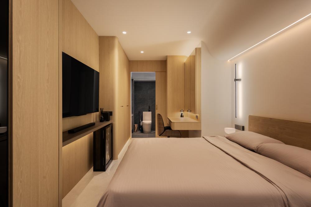 Modern Bedroom with Homogeneous Tiles and Flooring