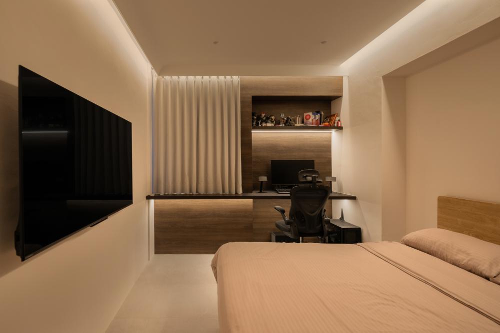 Modern Bedroom with Homogeneous Tiles and Wardrobe