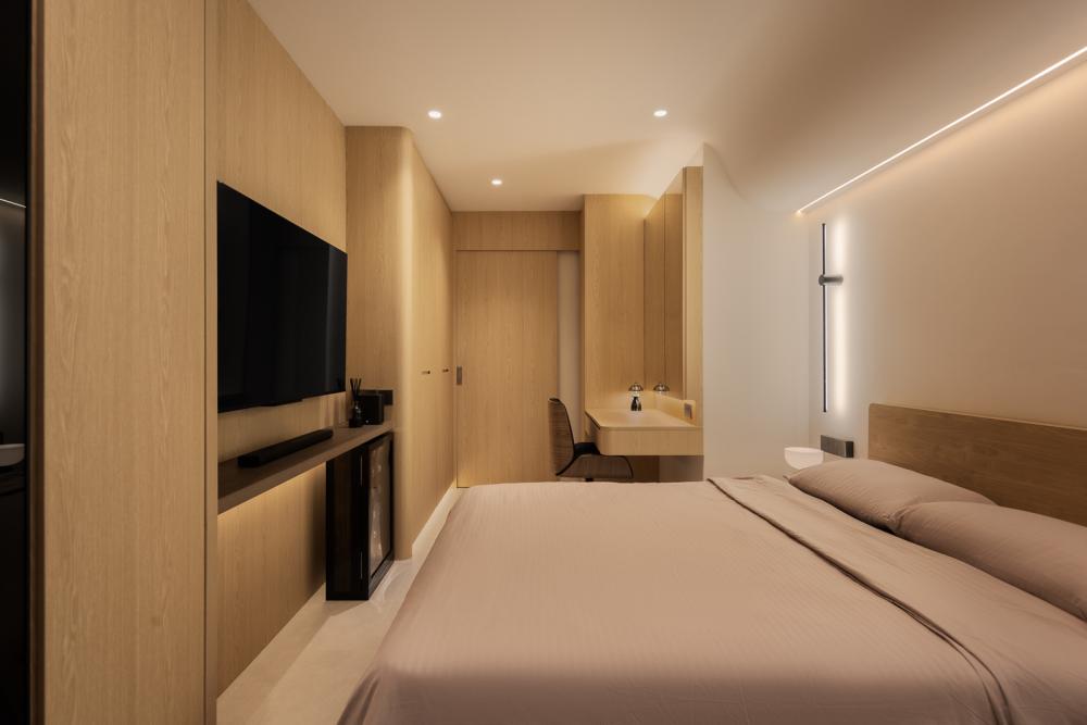 Modern Bedroom with Roller Blinds and Bedroom Dresser