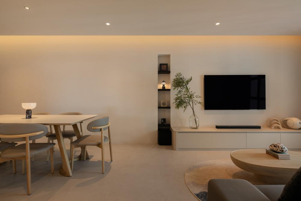 Modern Living Room with Homogeneous Tiles and Herringbone Tiling