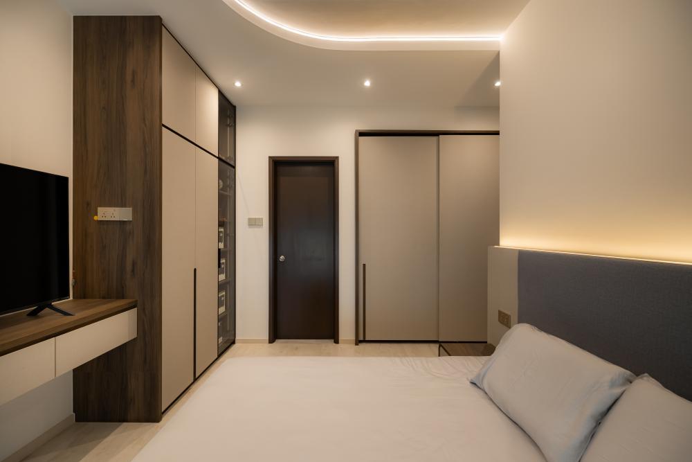 Modern Bedroom with Storage Cabinets and Lighting