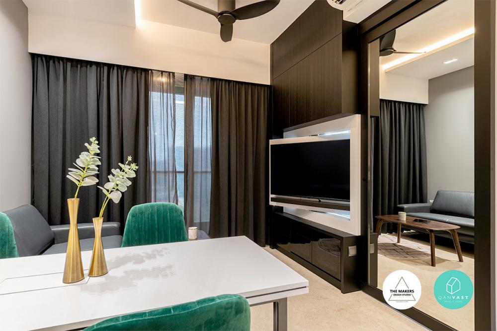 Contemporary Living Room with Feature Wall and Mirror