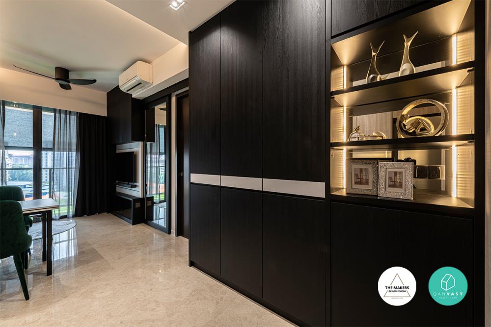 Contemporary Hallway with Display Cabinets and Lighting
