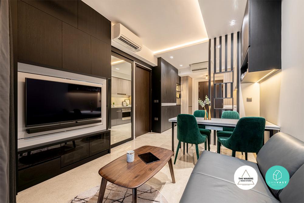 Contemporary Living Room with TV Console and Feature Wall