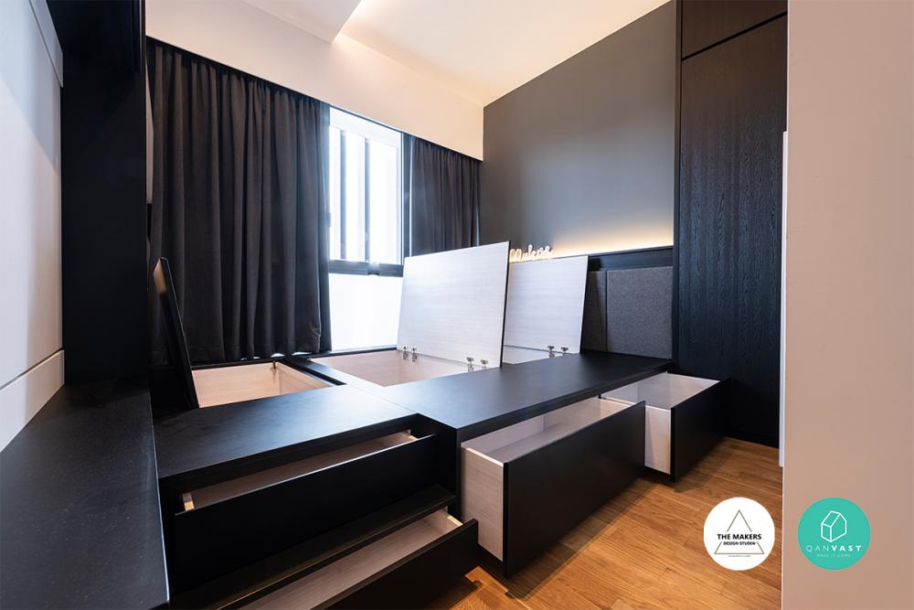 Contemporary Bedroom with Platform Bed and Curtain