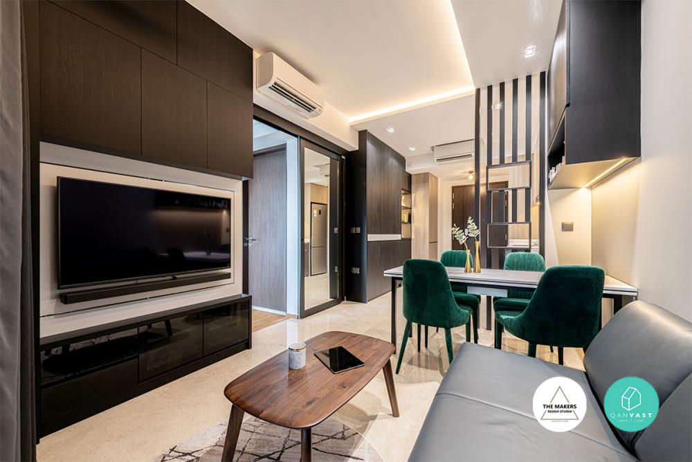 Contemporary Living Room with Dining Table and TV