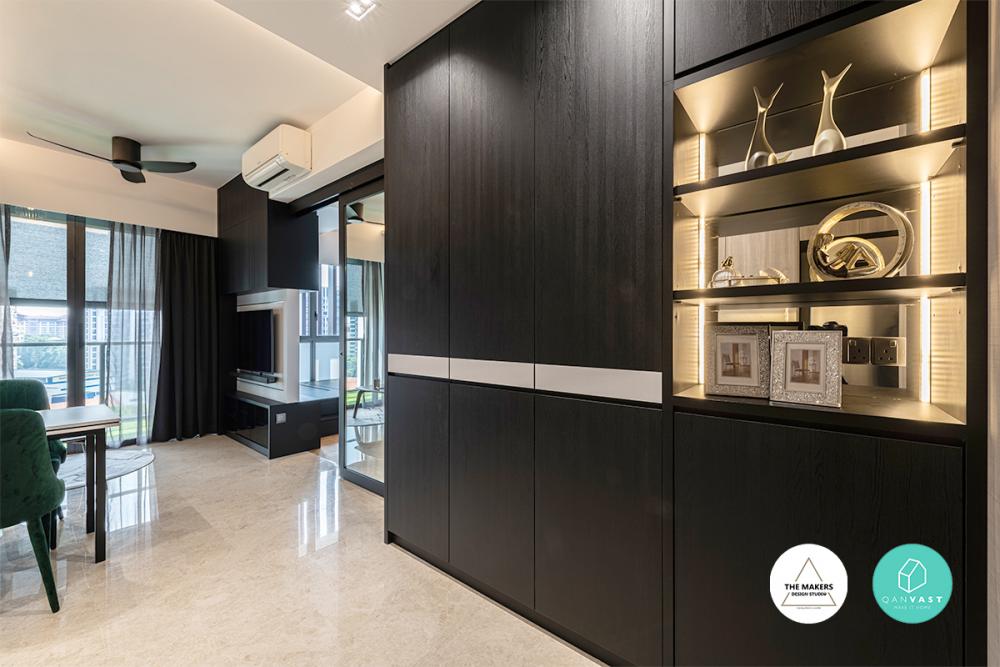 Contemporary Hallway with Display Cabinets and Lighting