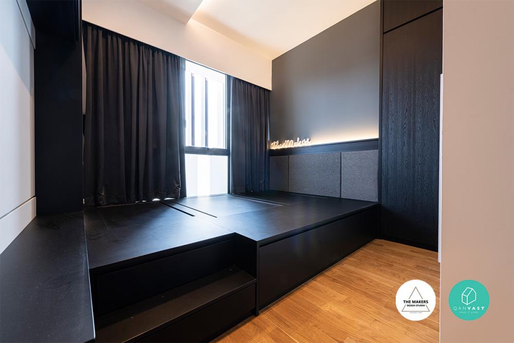 Contemporary Bedroom with Platform Bed and Curtain