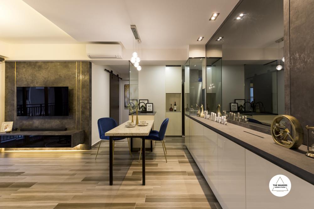 Contemporary Dining Room with Drop Light and Storage Cabinets