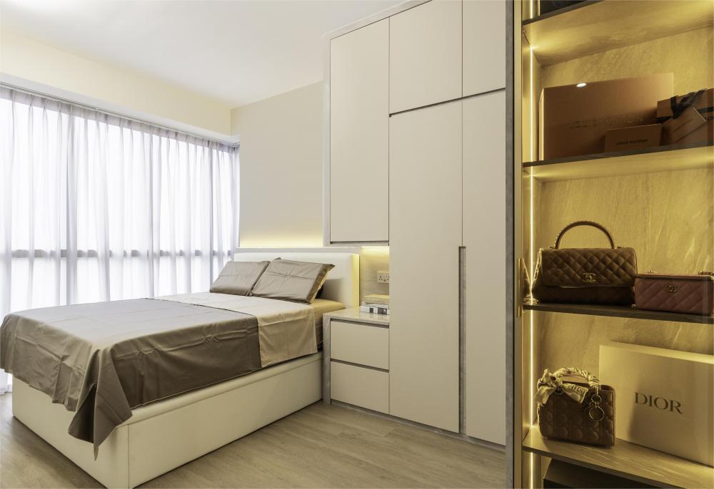 Modern Bedroom with Display Cabinets and Lighting