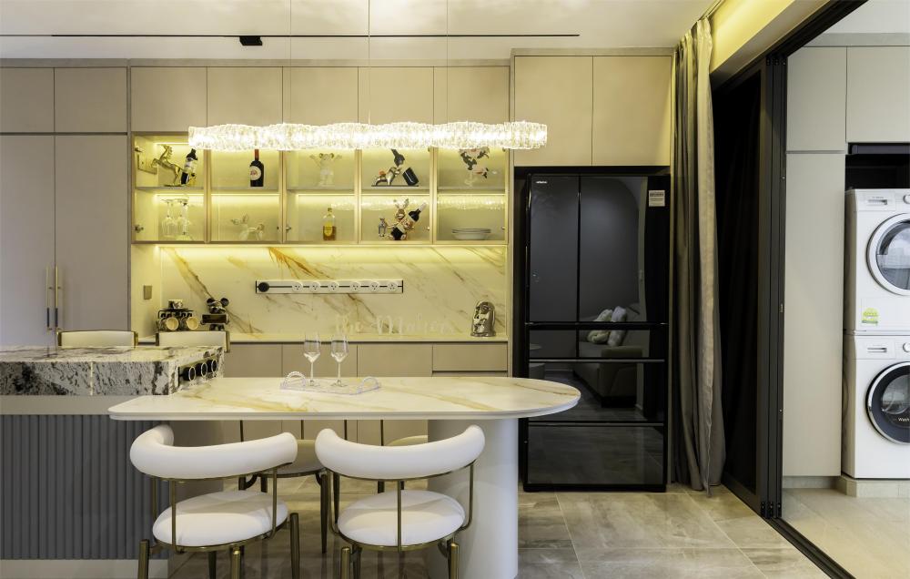 Modern Pantry with Kitchen Island and Display Cabinets