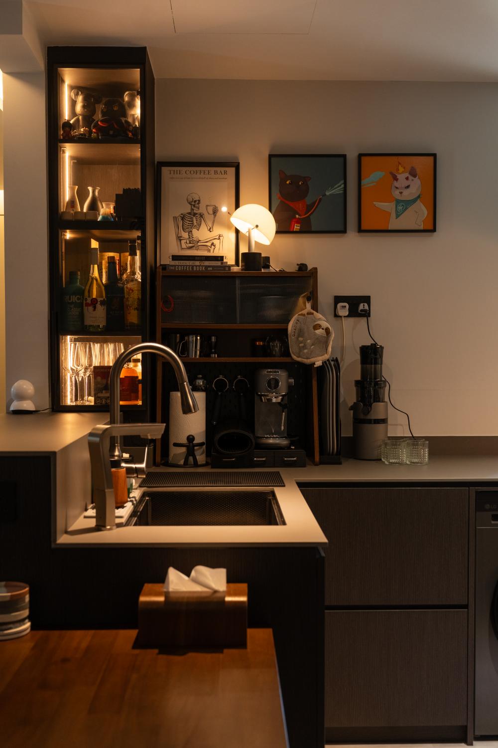 Industrial Kitchen with Kitchen Island and Cupboard