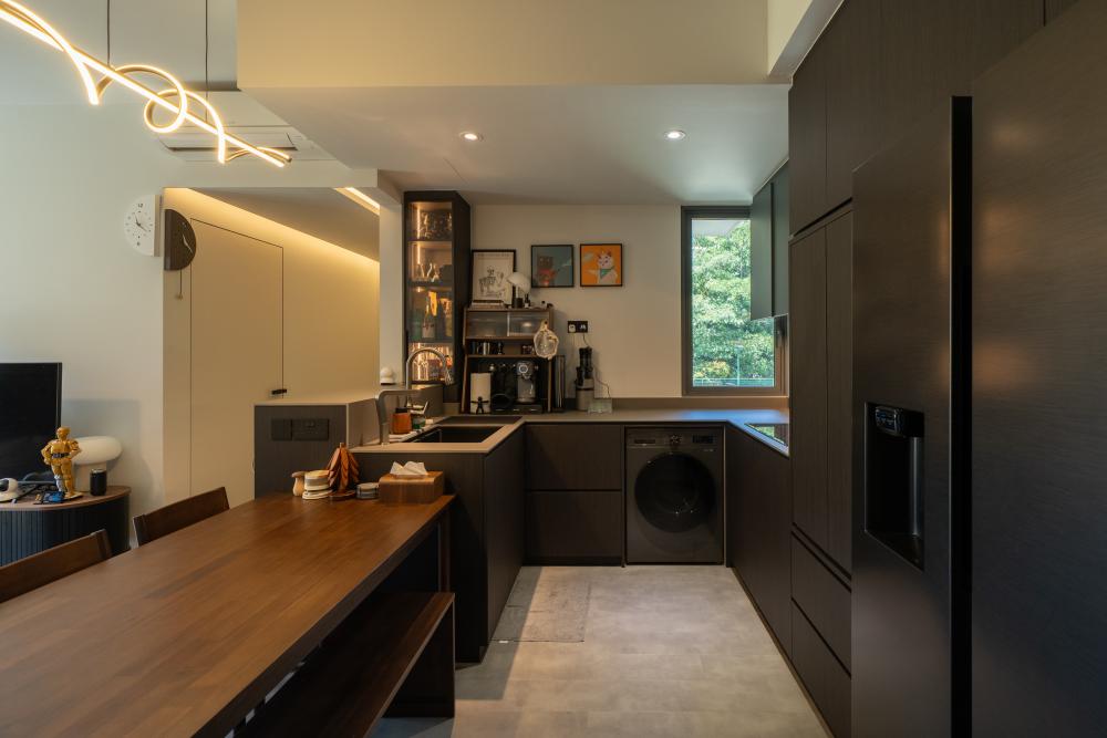 Industrial Kitchen with Kitchen Island and Cupboard
