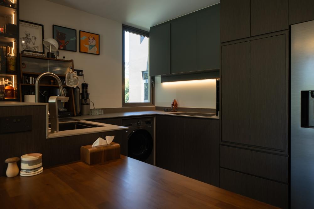 Industrial Kitchen with Kitchen Island and Cupboard