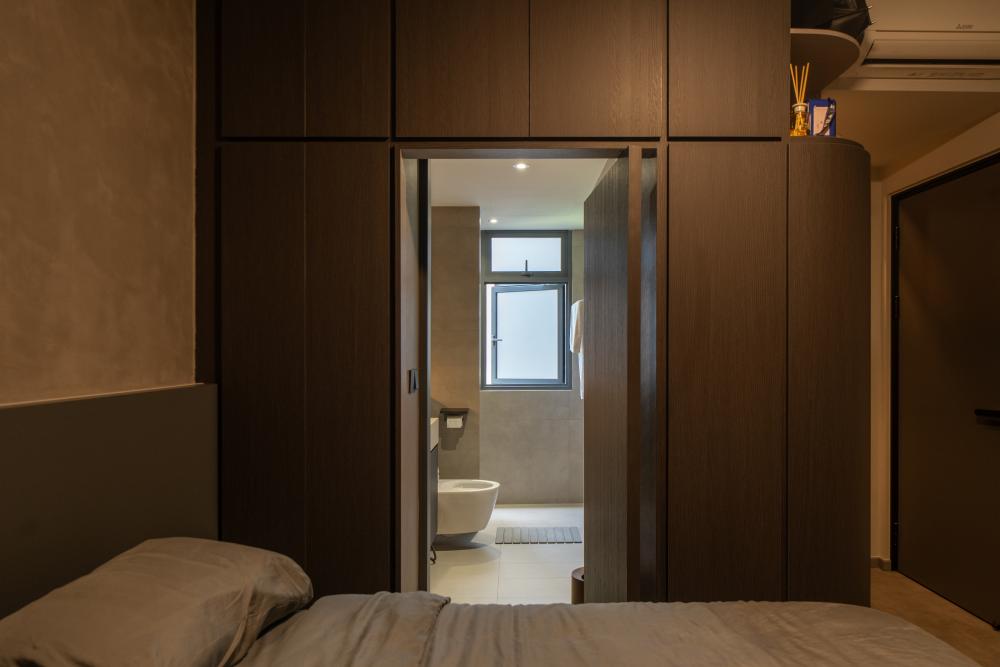 Industrial Bedroom with Granite Floor and Closet