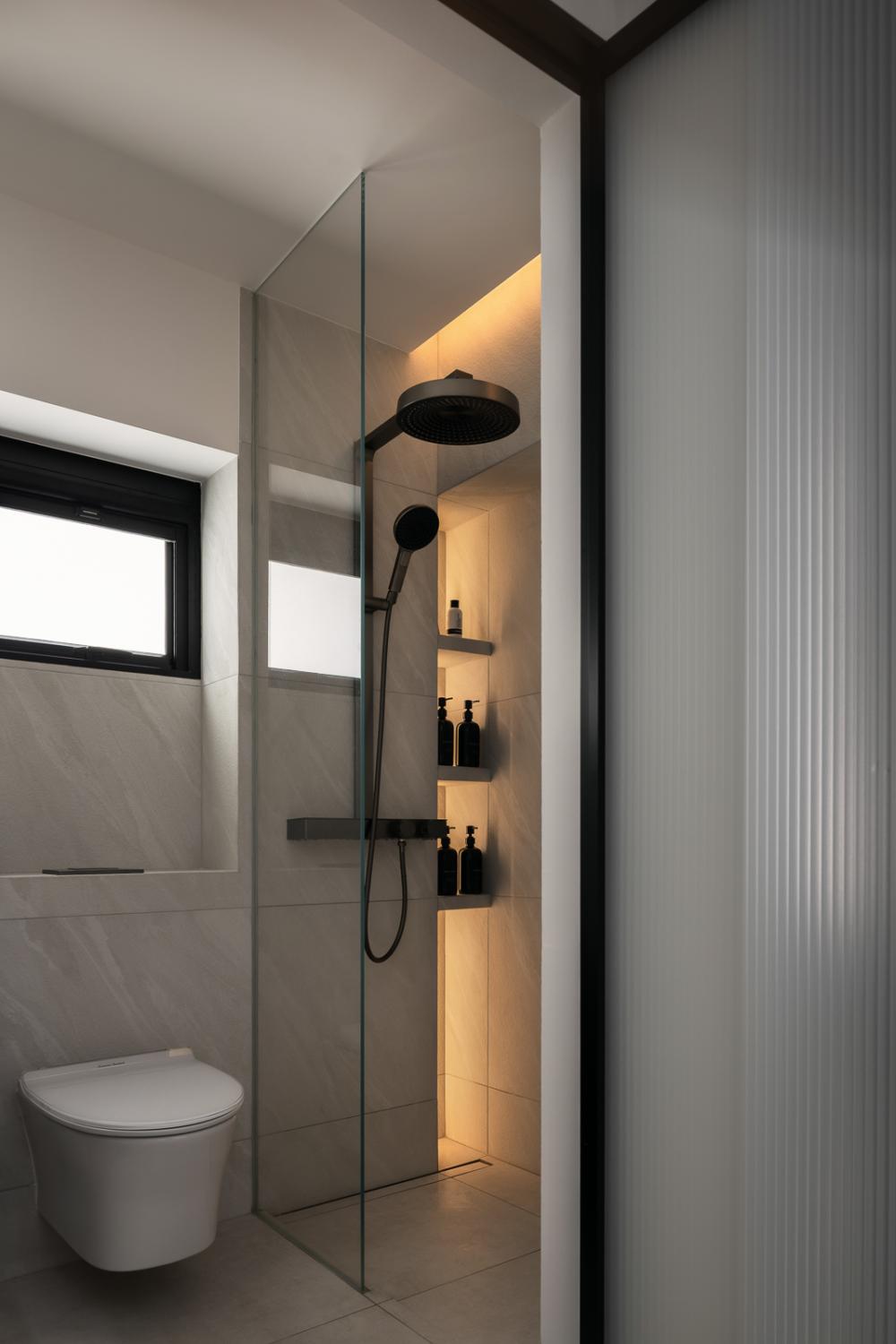 Minimalist Bathroom with Homogeneous Tiles and Shower Screen