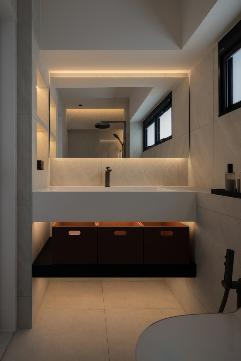 Minimalist Bathroom with Countertop and Homogeneous Tiles
