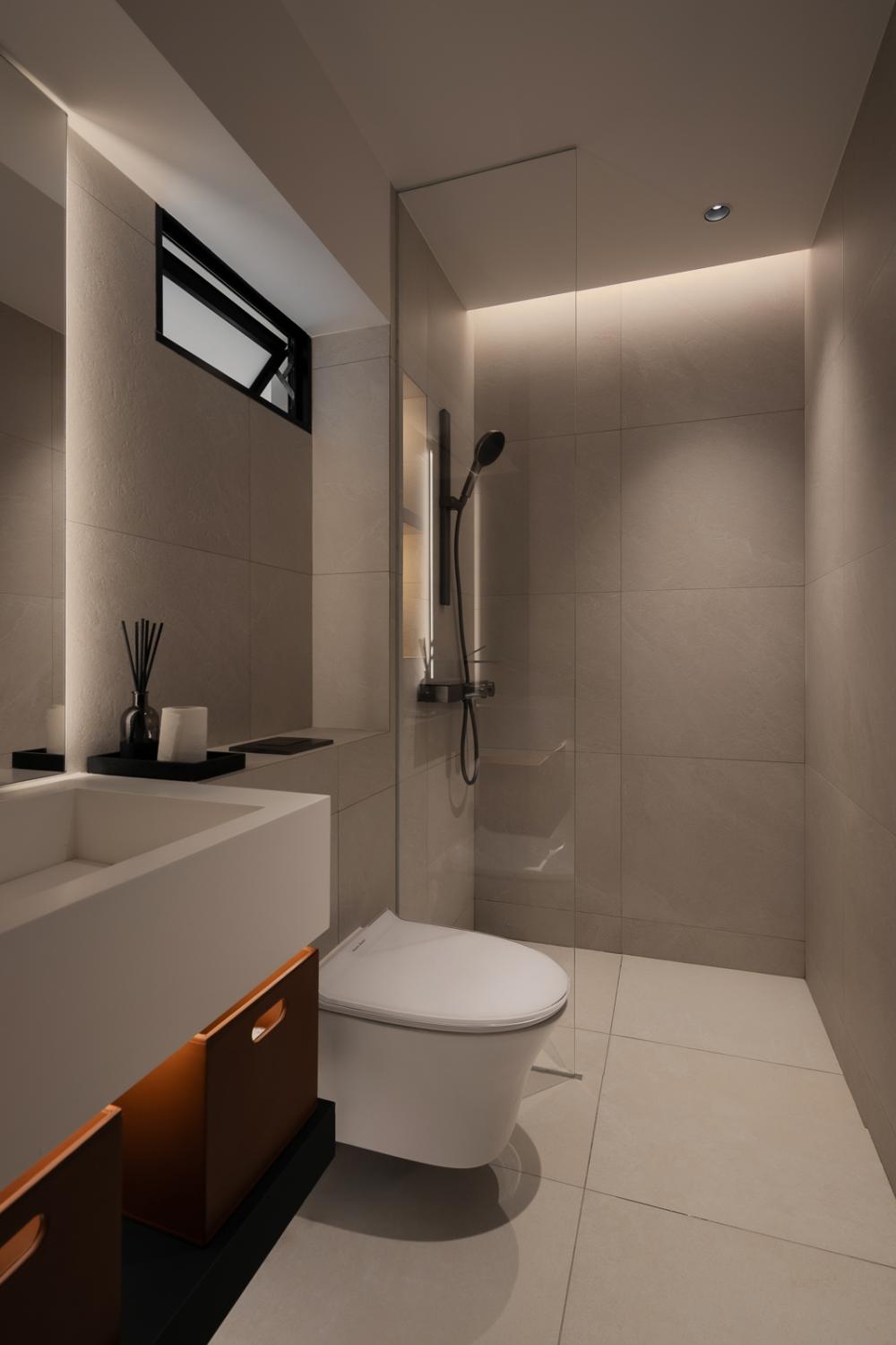 Minimalist Bathroom with Homogeneous Tiles and Shower Screen