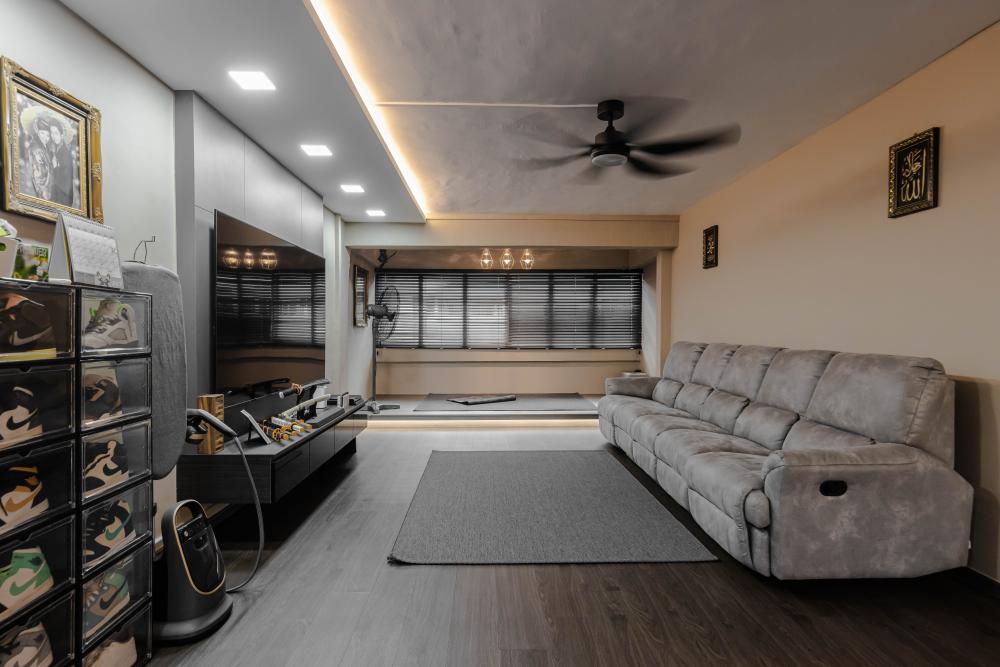 Industrial Living Room with Granite Floor and Marble Floor