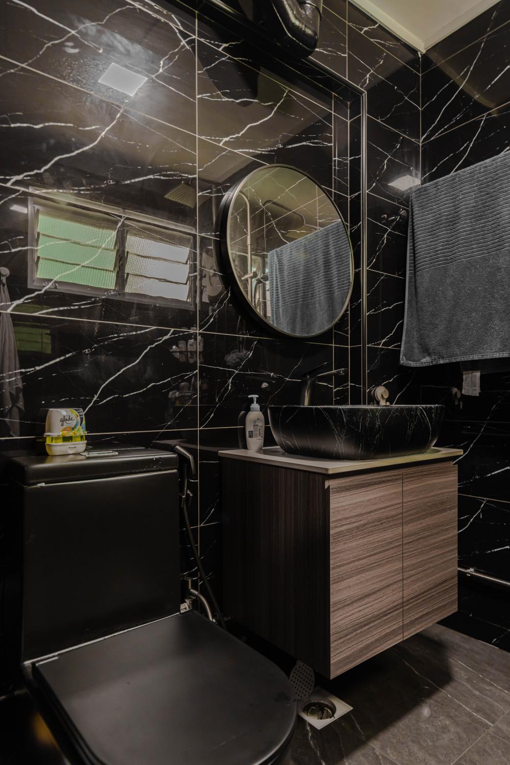 Industrial Bathroom with Marble Floor and Wood Flooring