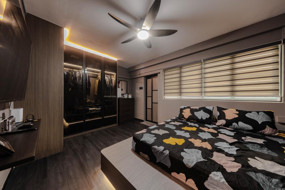Industrial Bedroom with Herringbone Tiling and Parquet Floor