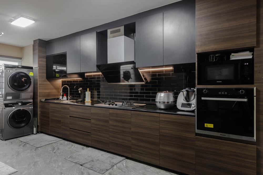 Industrial Kitchen with Parquet Floor and Cement Floor