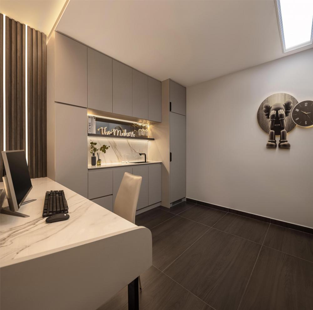 Modern Workstation with Desk Chairs and Storage Cabinets