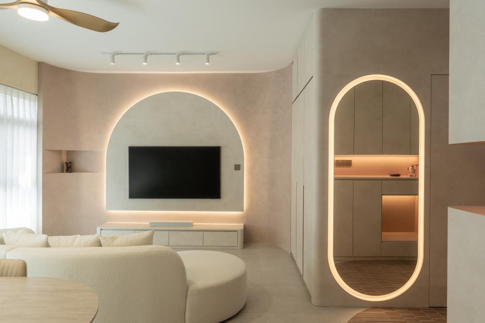 Contemporary Living Room with Homogeneous Tiles and TV Console
