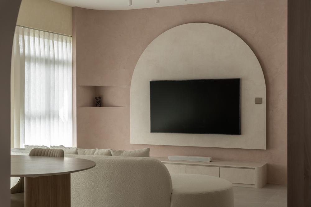Contemporary Living Room with Homogeneous Tiles and TV Console