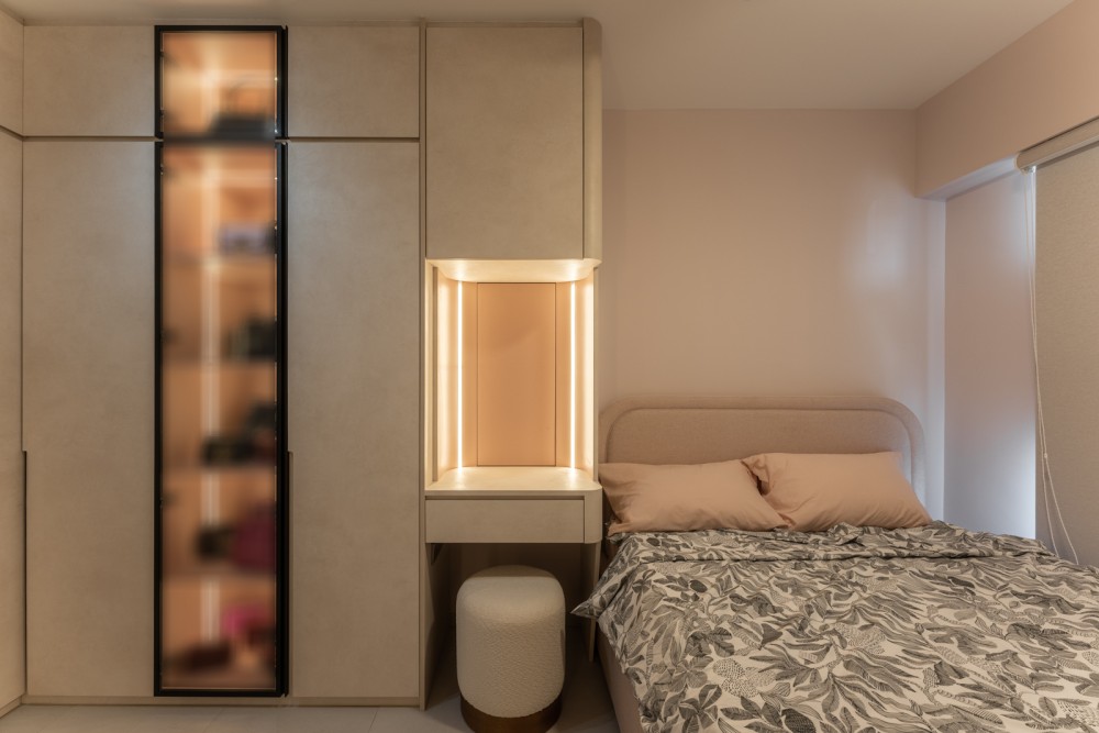 Contemporary Bedroom with Homogeneous Tiles and Bedroom Dresser