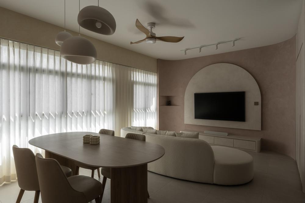 Contemporary Living Room with Homogeneous Tiles and TV Console