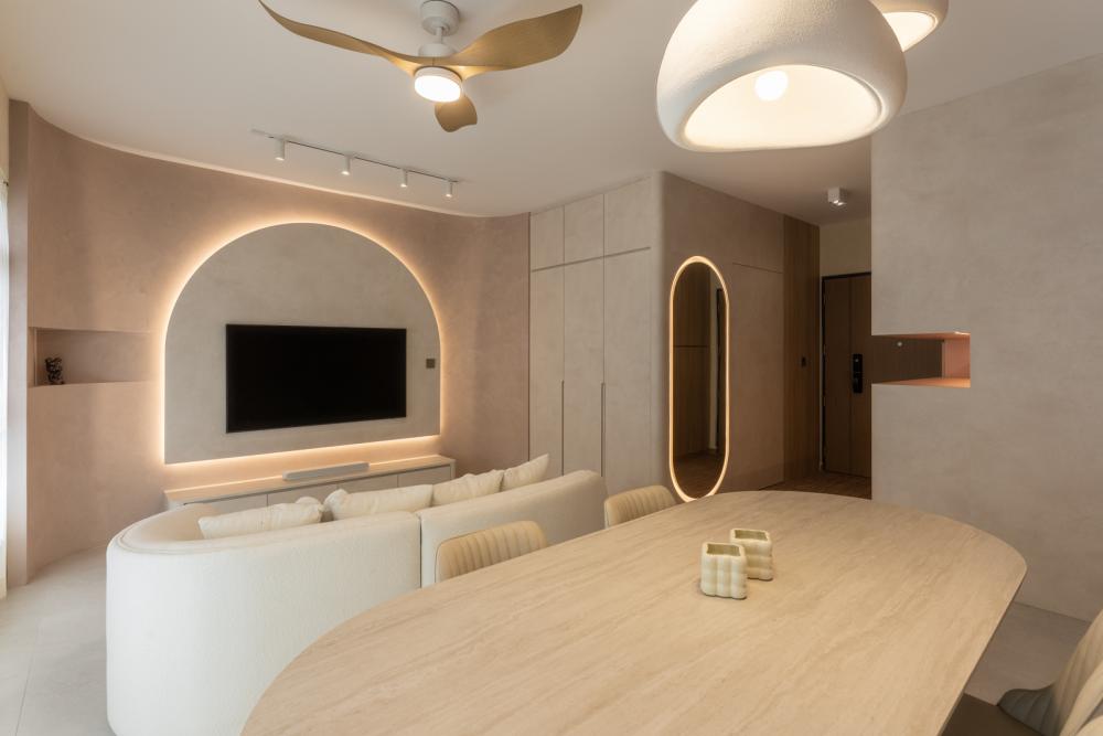 Contemporary Living Room with Homogeneous Tiles and TV Console
