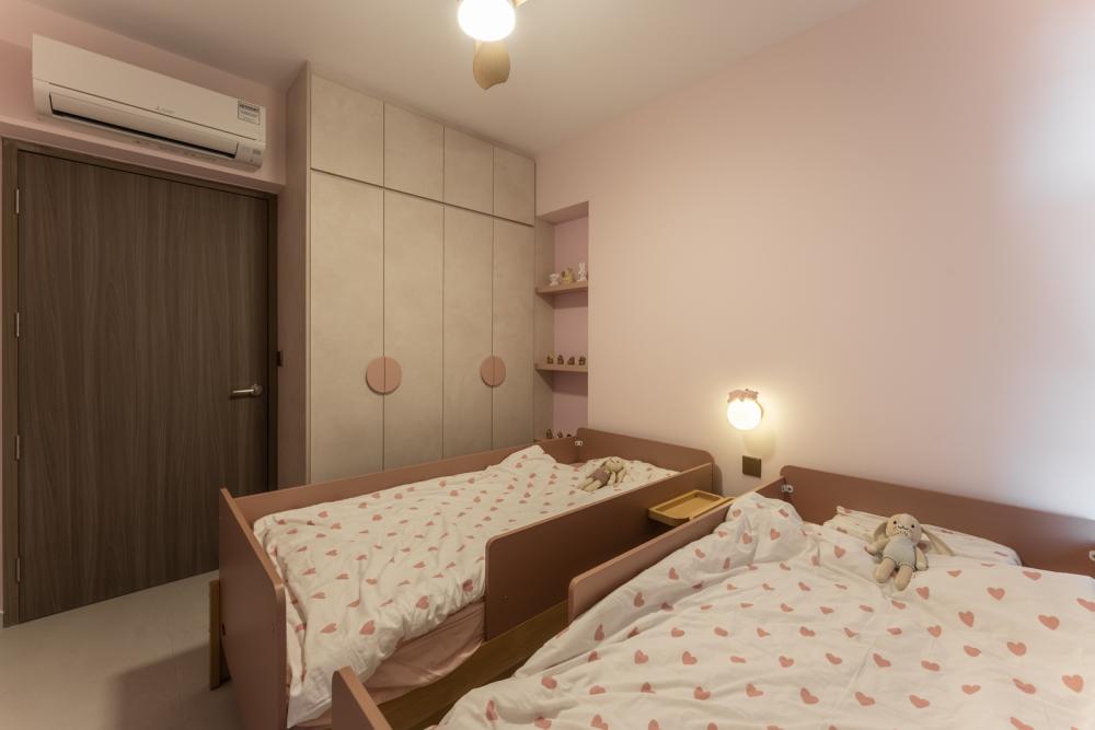 Contemporary Bedroom with Homogeneous Tiles and Ceiling Light