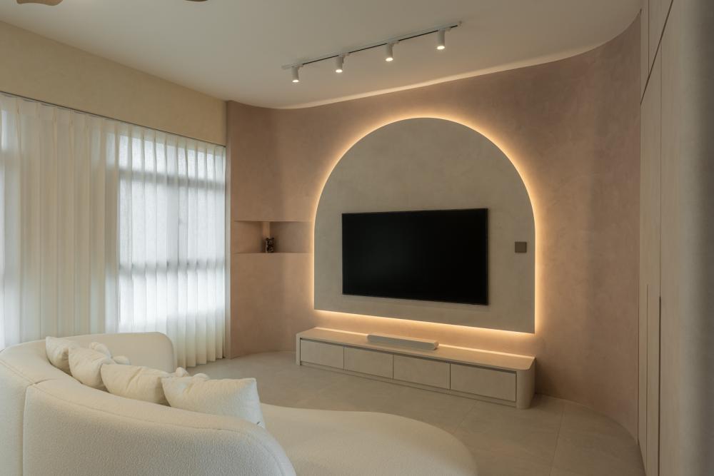 Contemporary Living Room with Homogeneous Tiles and TV Console