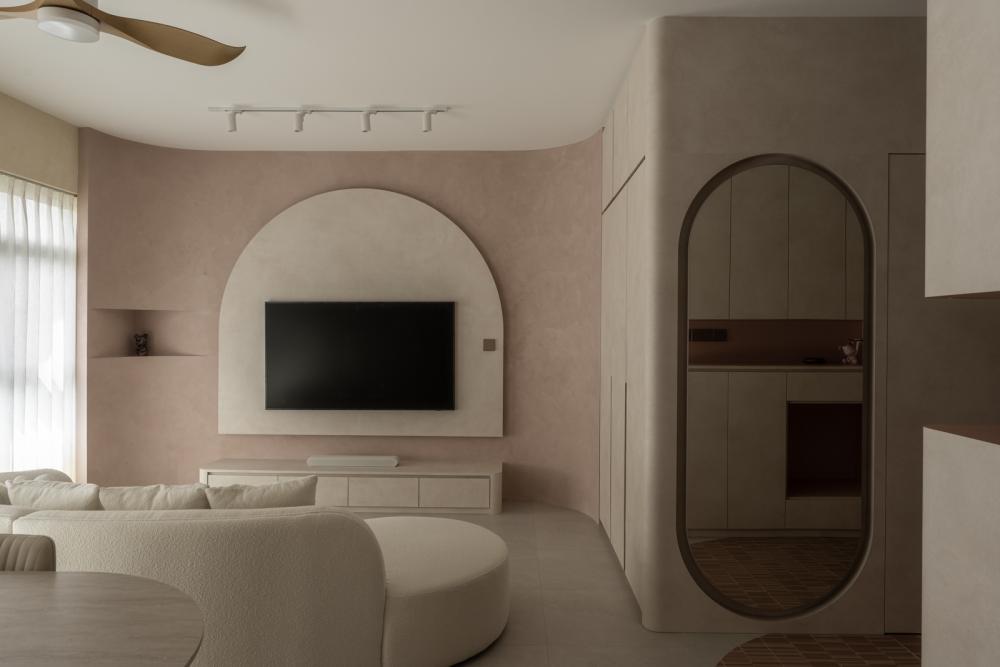 Contemporary Living Room with Homogeneous Tiles and TV Console