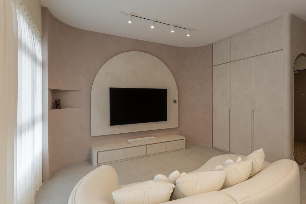 Contemporary Living Room with Homogeneous Tiles and TV Console