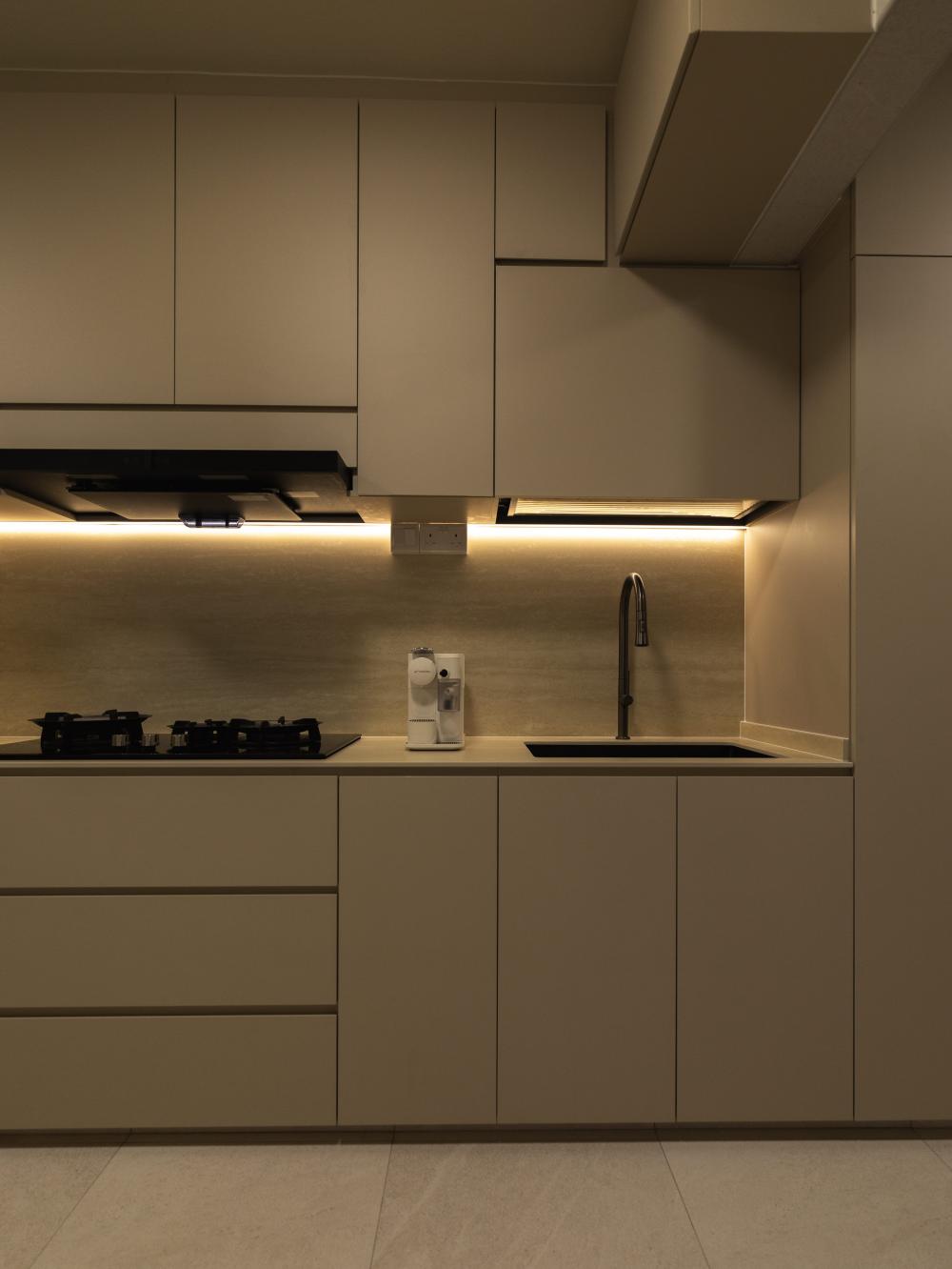 Minimalist Kitchen with Marble Floor and Wood Flooring
