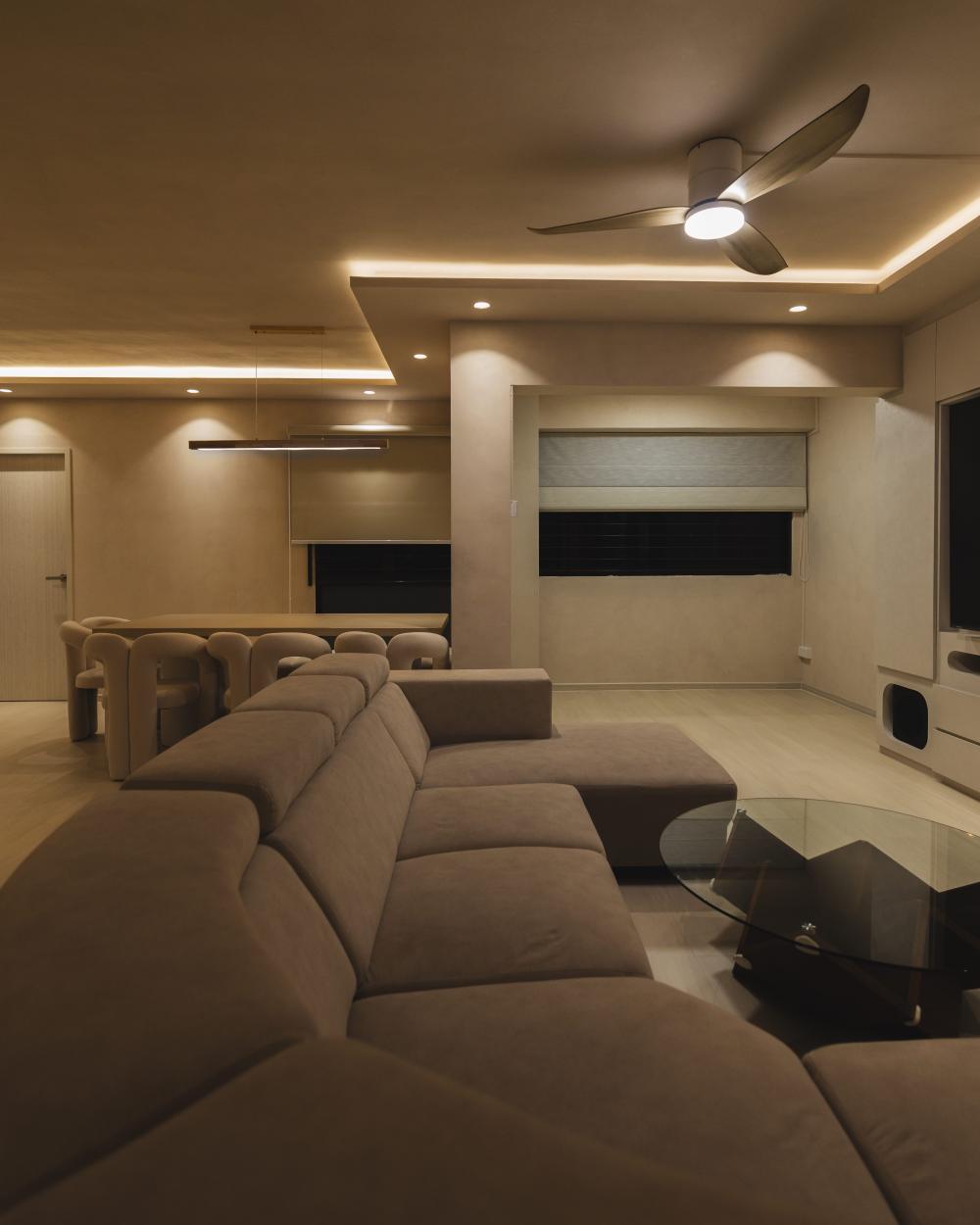 Minimalist Living Room with Feature Wall and Drop Ceiling