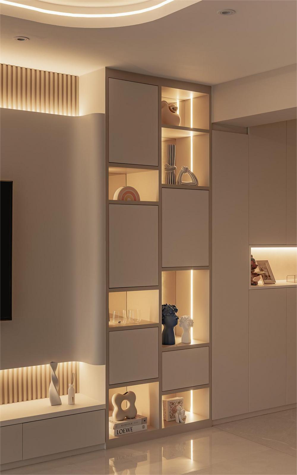 Modern Living Room with Display Cabinets and Lighting