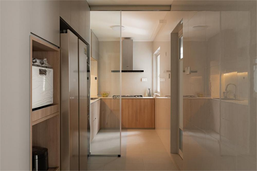 Minimalist Kitchen with Kitchen Cabinets and Refrigerator