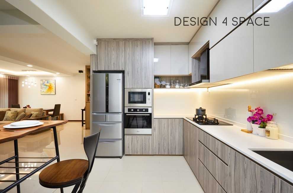 Contemporary Kitchen with Homogeneous Tiles and Wood Flooring