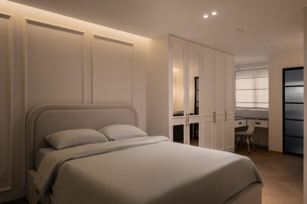 Modern Bedroom with Vinyl Flooring and Herringbone Tiling