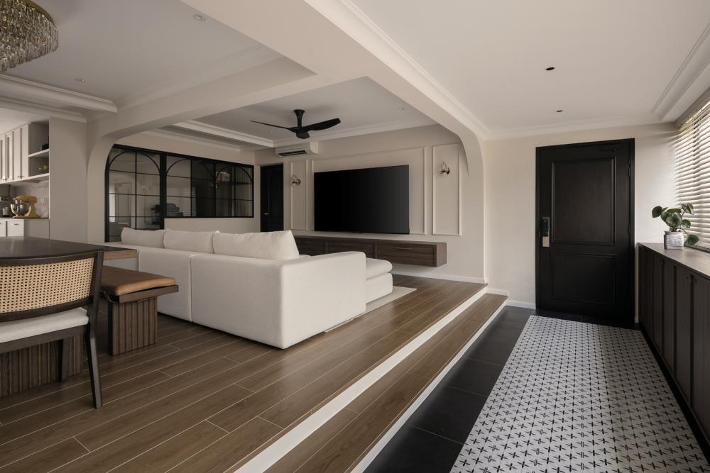 Modern Living Room with Homogeneous Tiles and TV Console