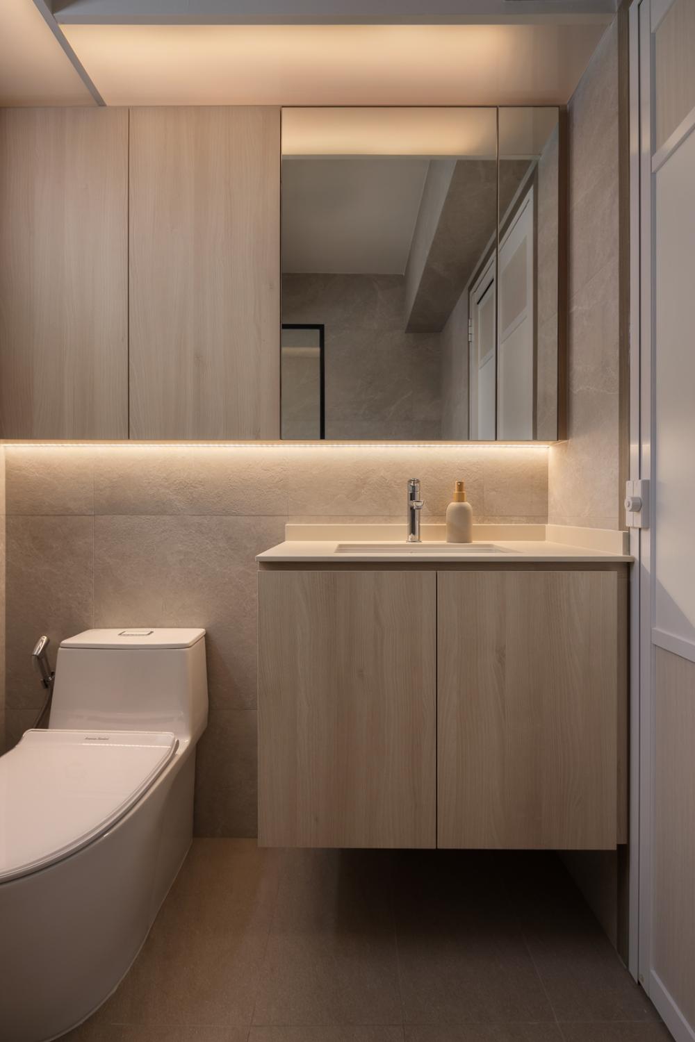 Scandinavian Bathroom with Countertop and Homogeneous Tiles
