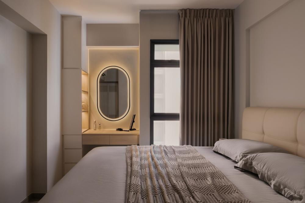 Scandinavian Bedroom with Vinyl Flooring and Mirror