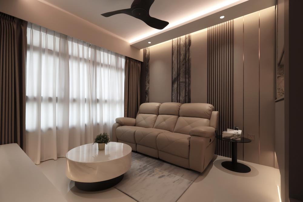 Modern Living Room with TV Console and Cove Lighting
