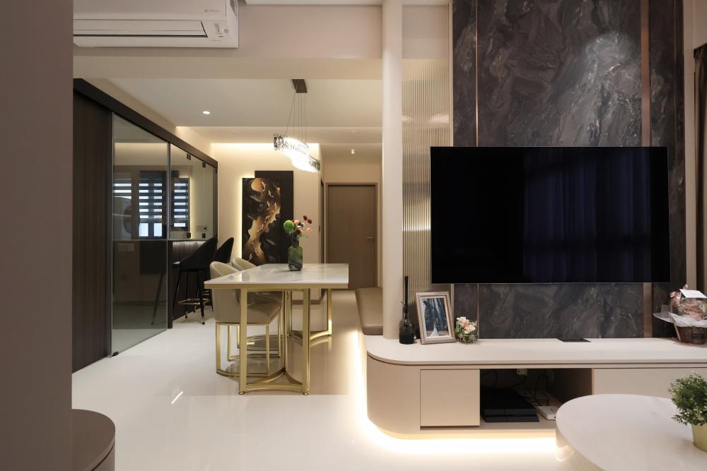 Modern Living Room with Homogeneous Tiles and TV Console