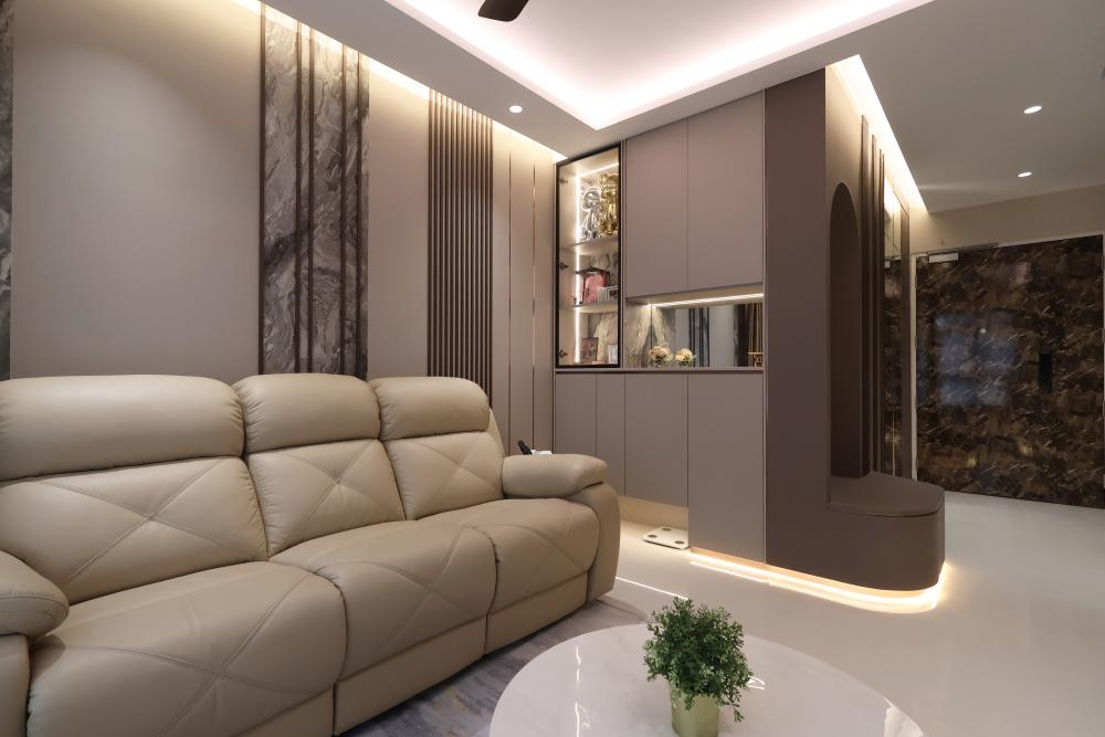 Modern Living Room with Homogeneous Tiles and TV Console